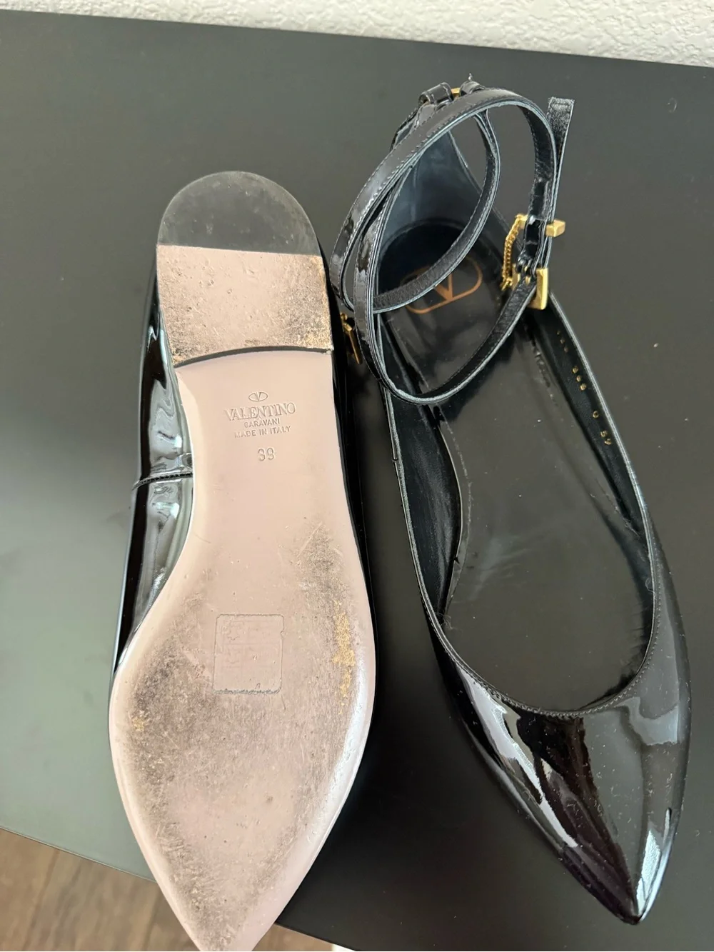 Valentino Garavani Black Patent Leather Pointed Ankle-Strap Flats